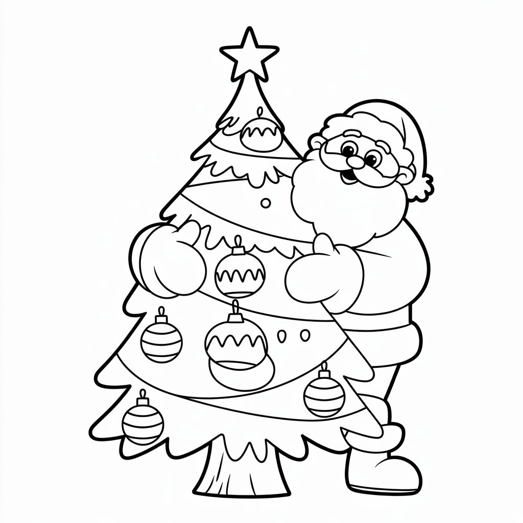Sapin décoré avec le Père Noël – dessin à colorier