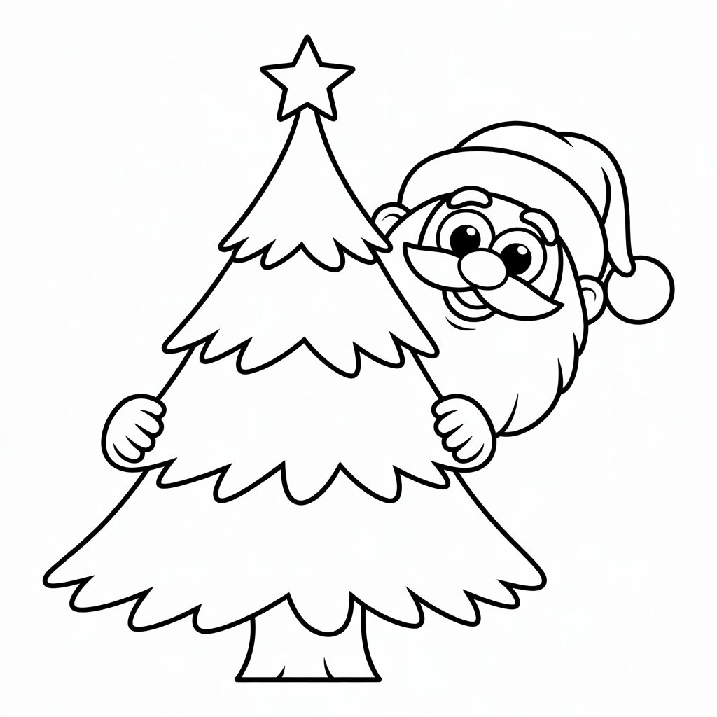 Père Noël caché derrière le sapin – dessin à colorier