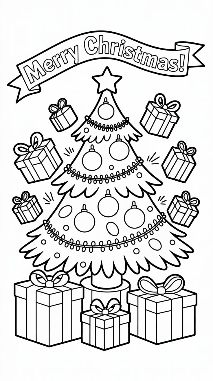 Cadeaux volants autour du sapin – dessin à colorier