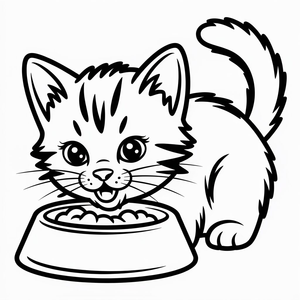 Coloriage Chat en train de manger gratuit
