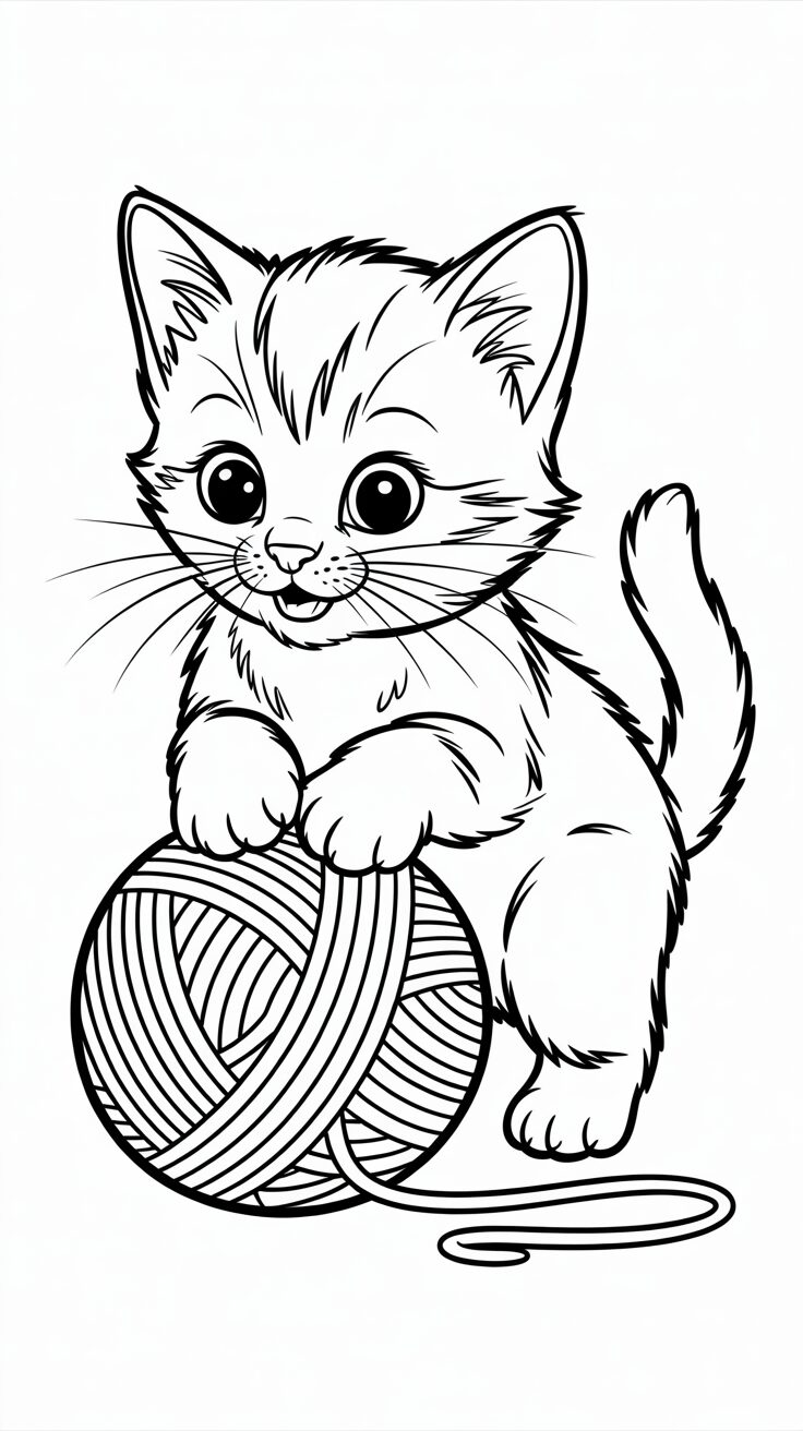 Coloriage Chat jouant avec une pelote de laine gratuit