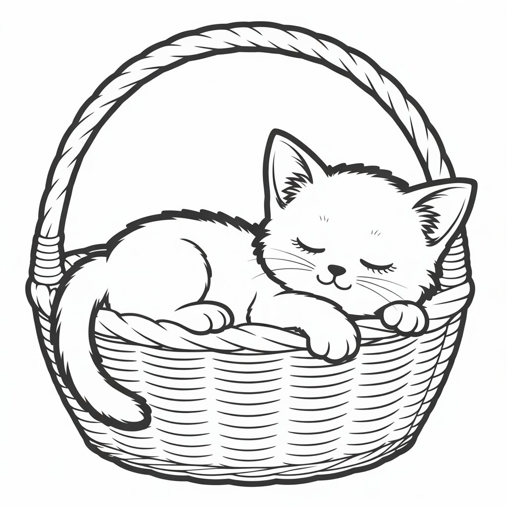 Coloriage Petit chat mignon dans un panier gratuit