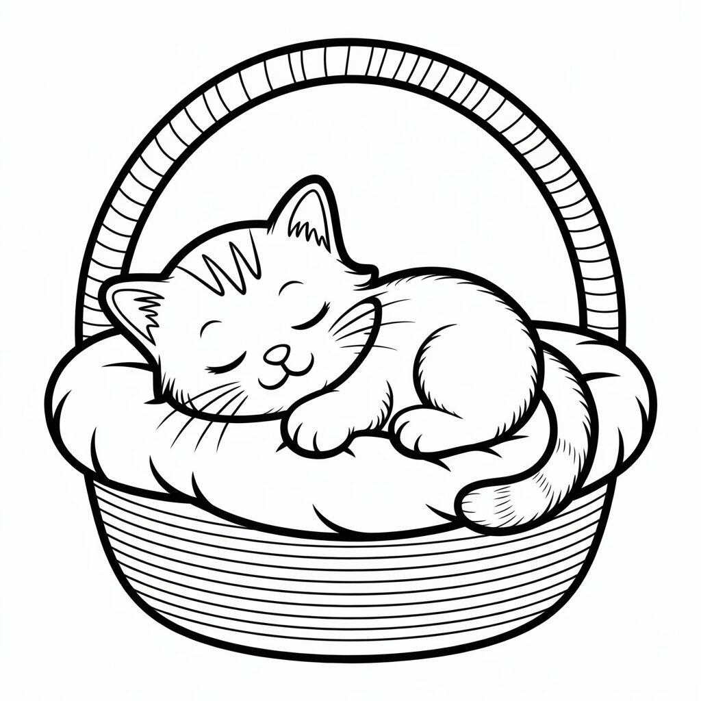 Dessin de Petit chat mignon dans un panier à télécharger