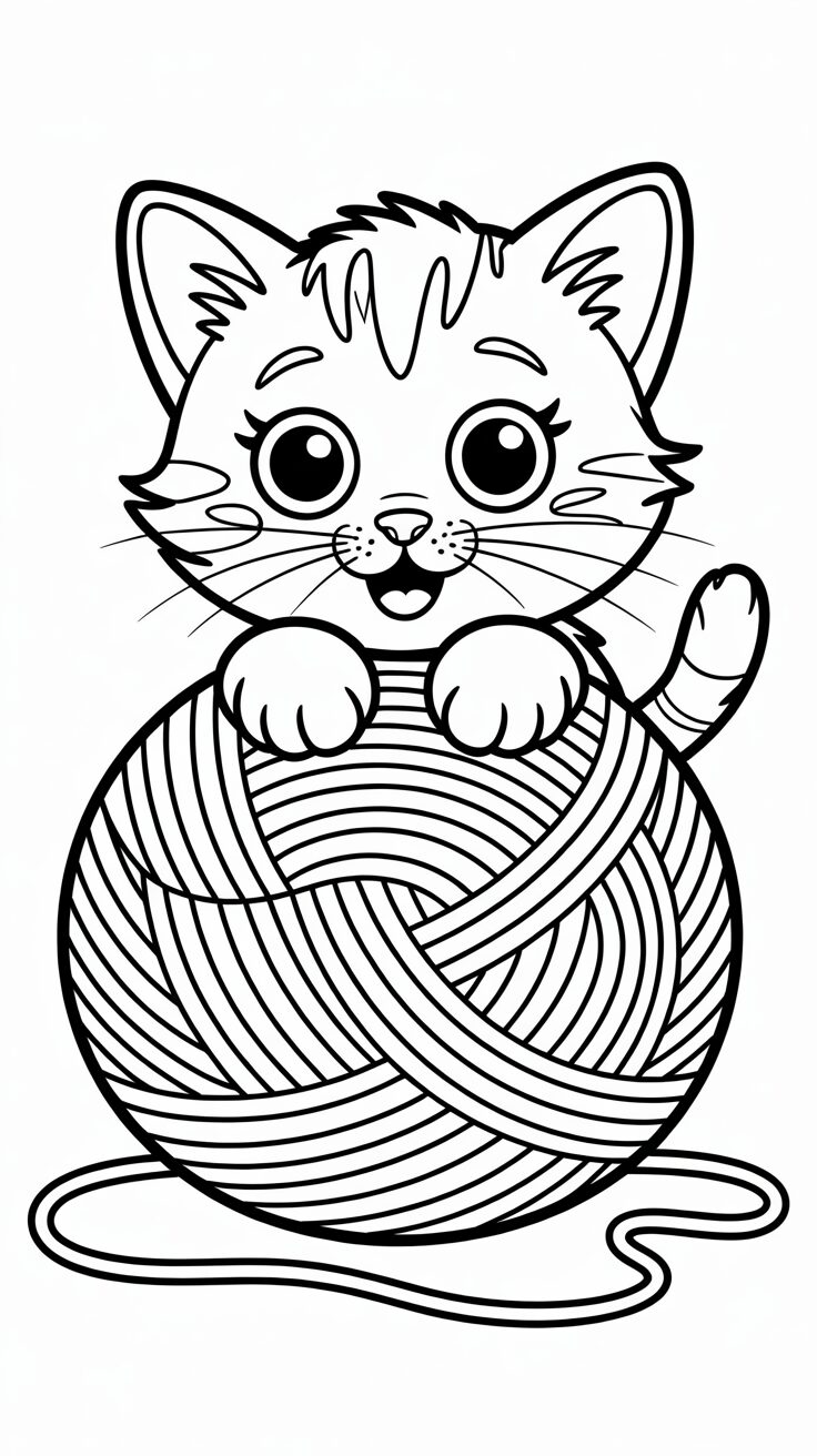 Idées de coloriage Chat jouant avec une pelote de laine
