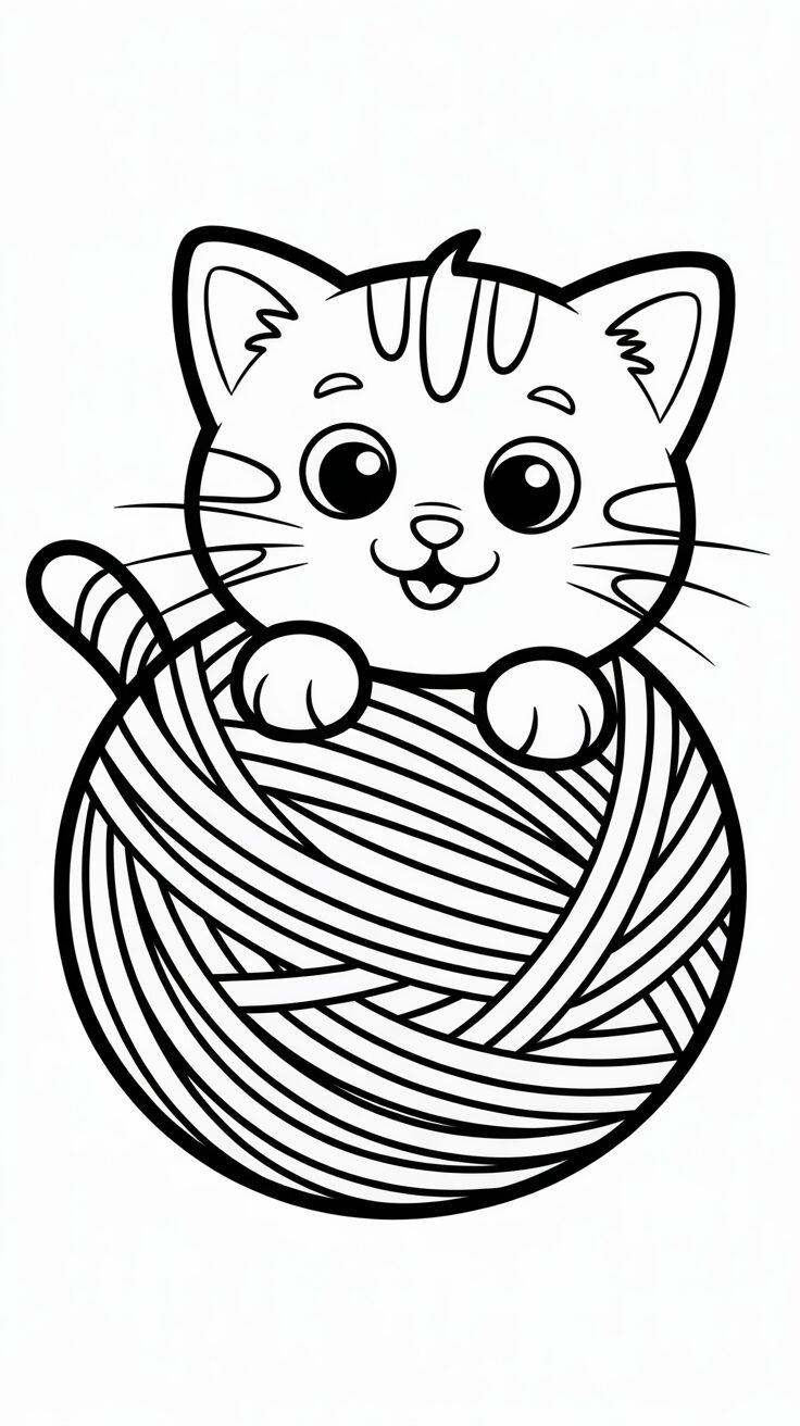Page de coloriage Chat jouant avec une pelote de laine gratuite