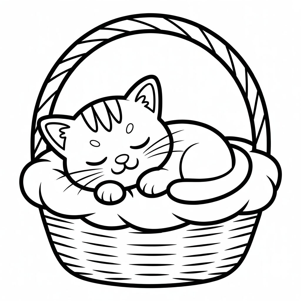 Petit chat mignon dans un panier à imprimer