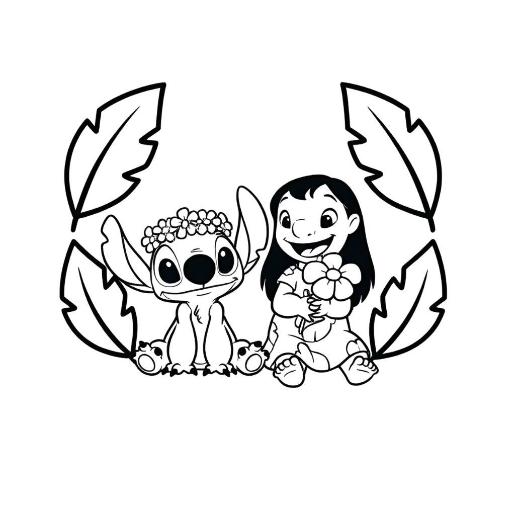 Coloriage Lilo et Stitch sous les feuilles tropicales