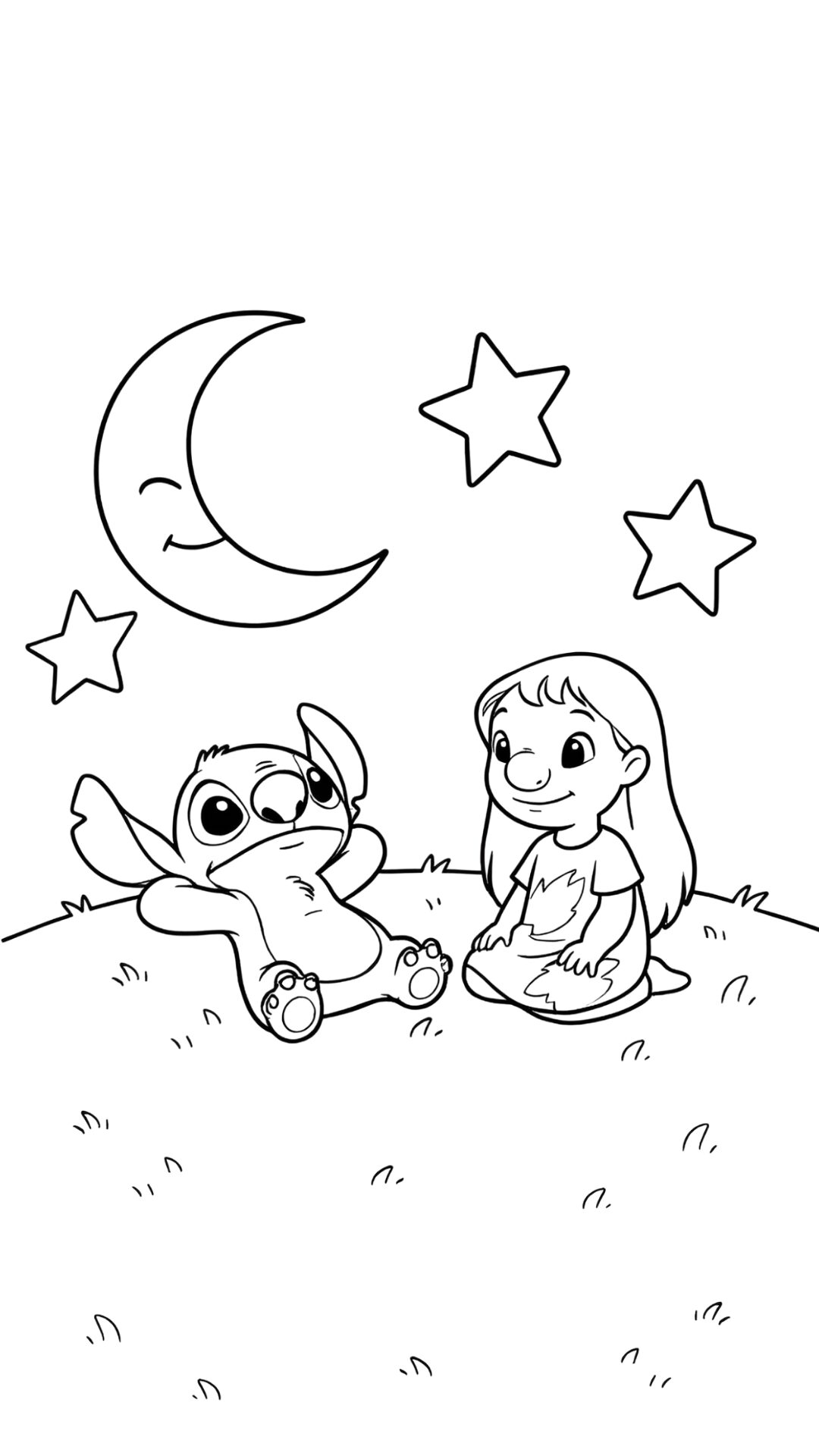 Coloriage Lilo et Stitch avec lune et étoiles