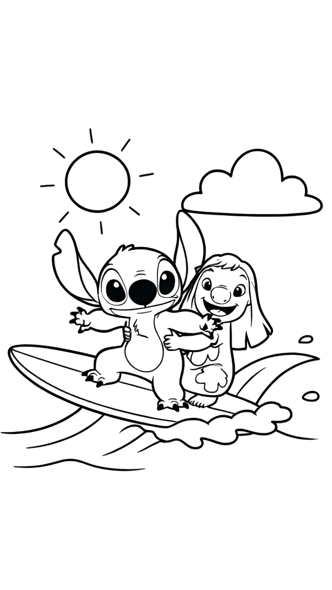 Coloriage Lilo et Stitch en train de surfer