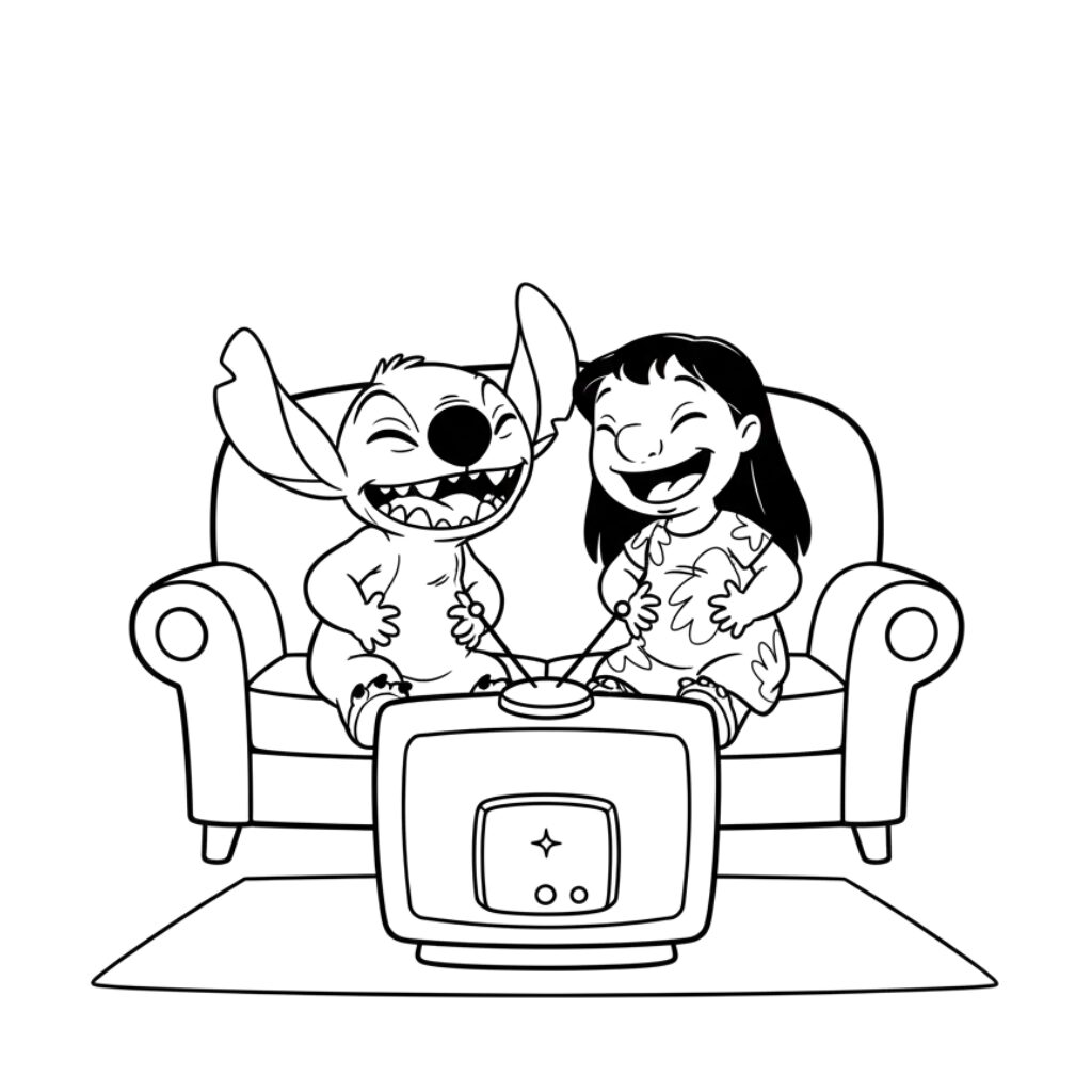 Coloriage Lilo et Stitch regardant la télévision