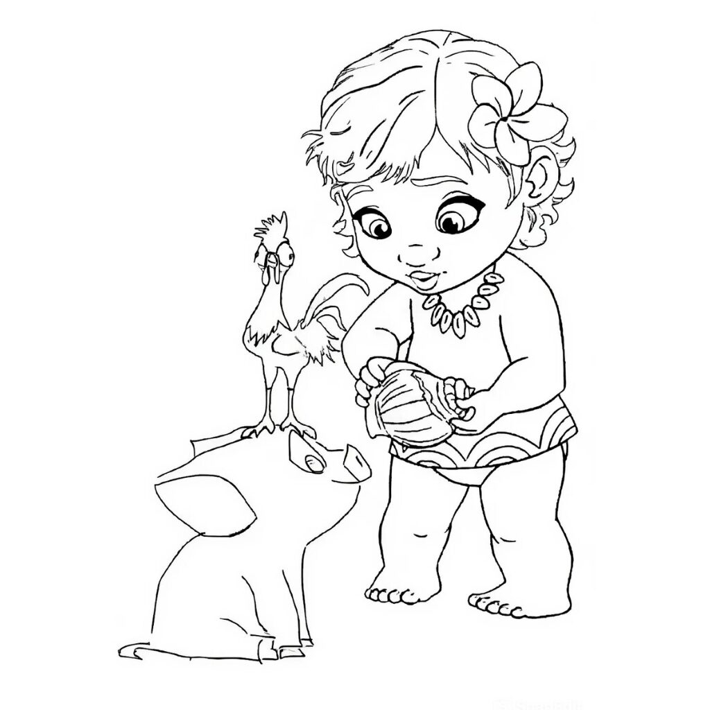 Coloriage Baby Moana avec Pua et Heihei