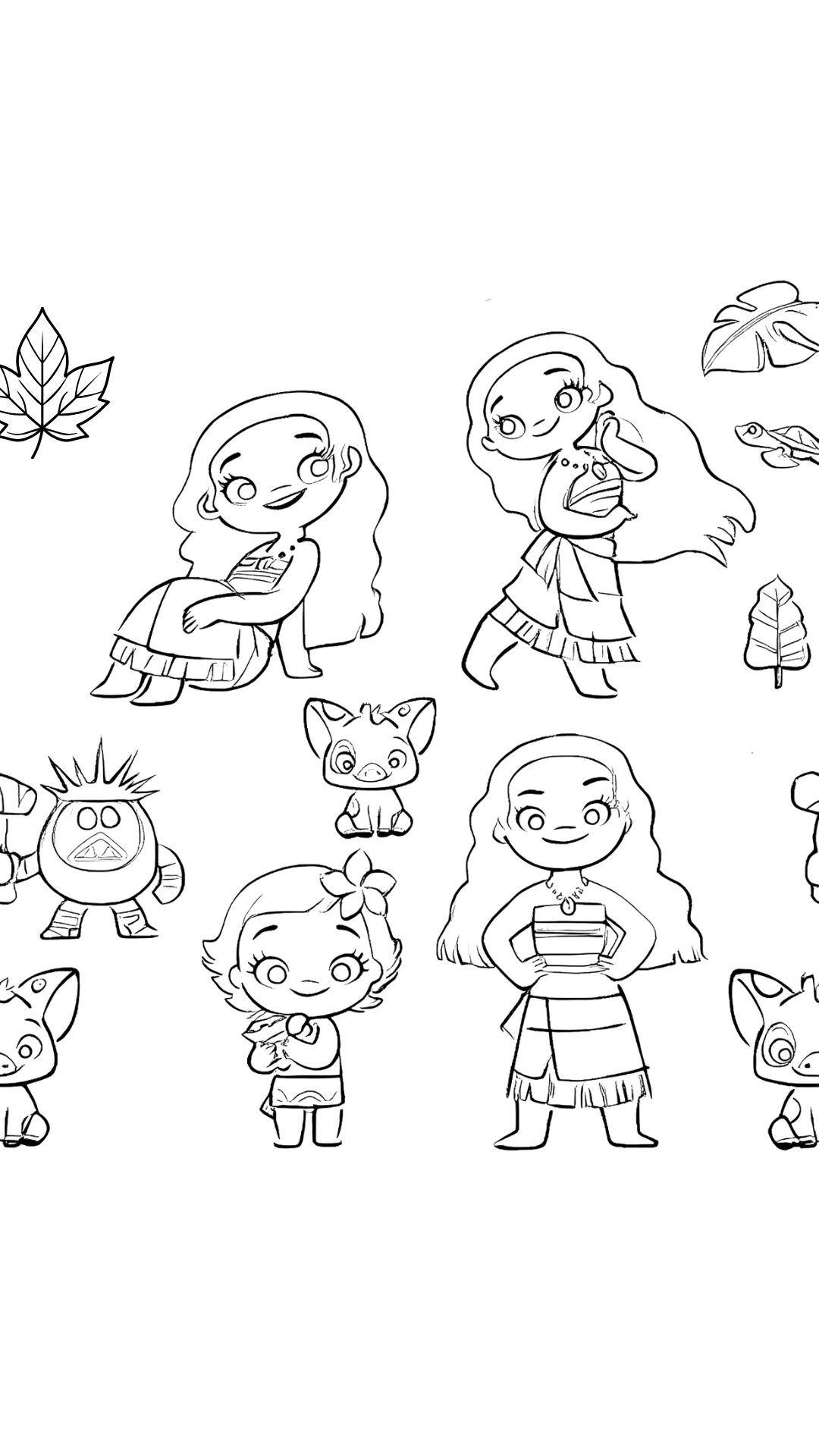 Coloriages des personnages de Moana 2 en style chibi mignon