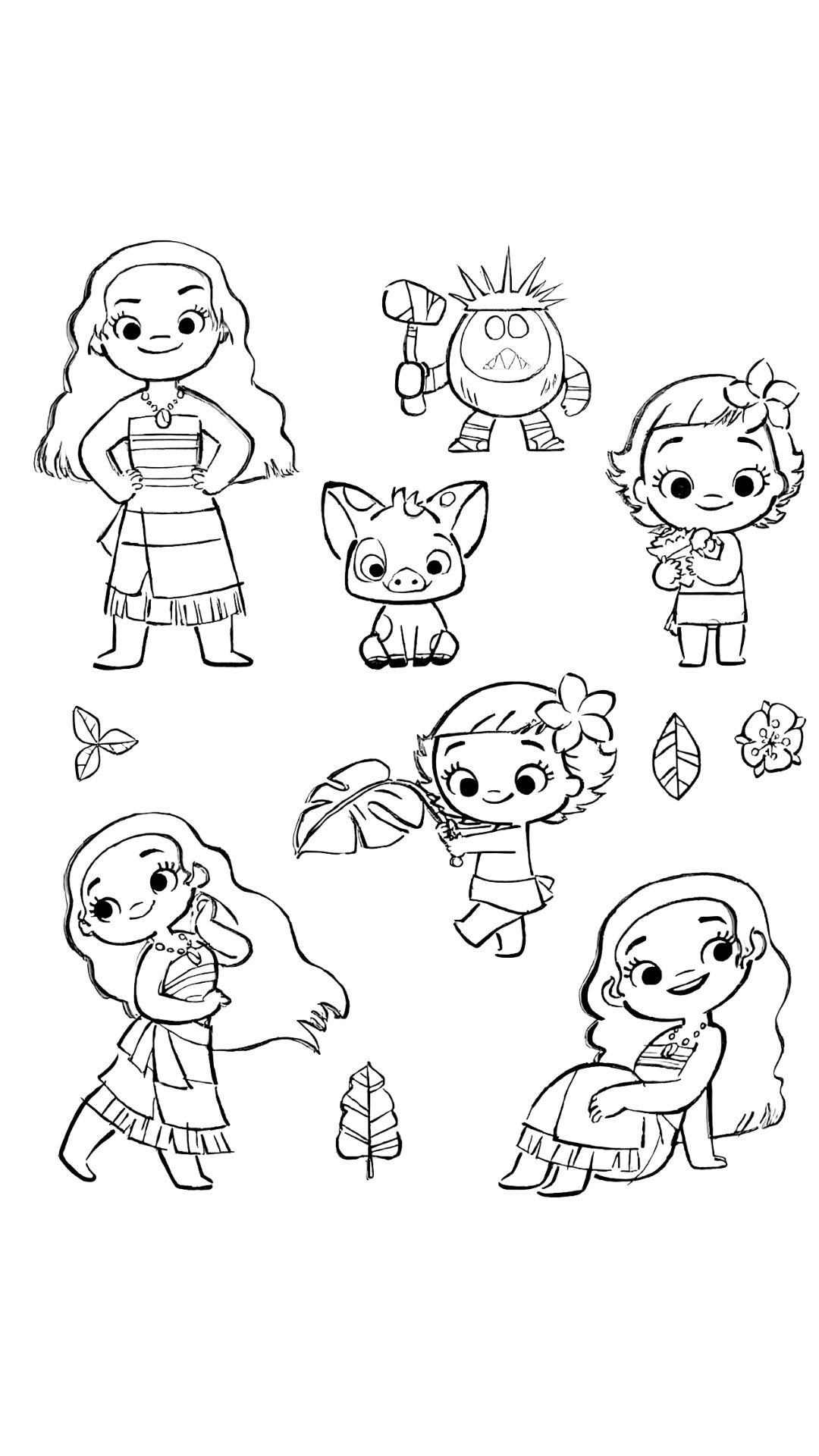 Coloriages des personnages de Moana 2 en style chibi