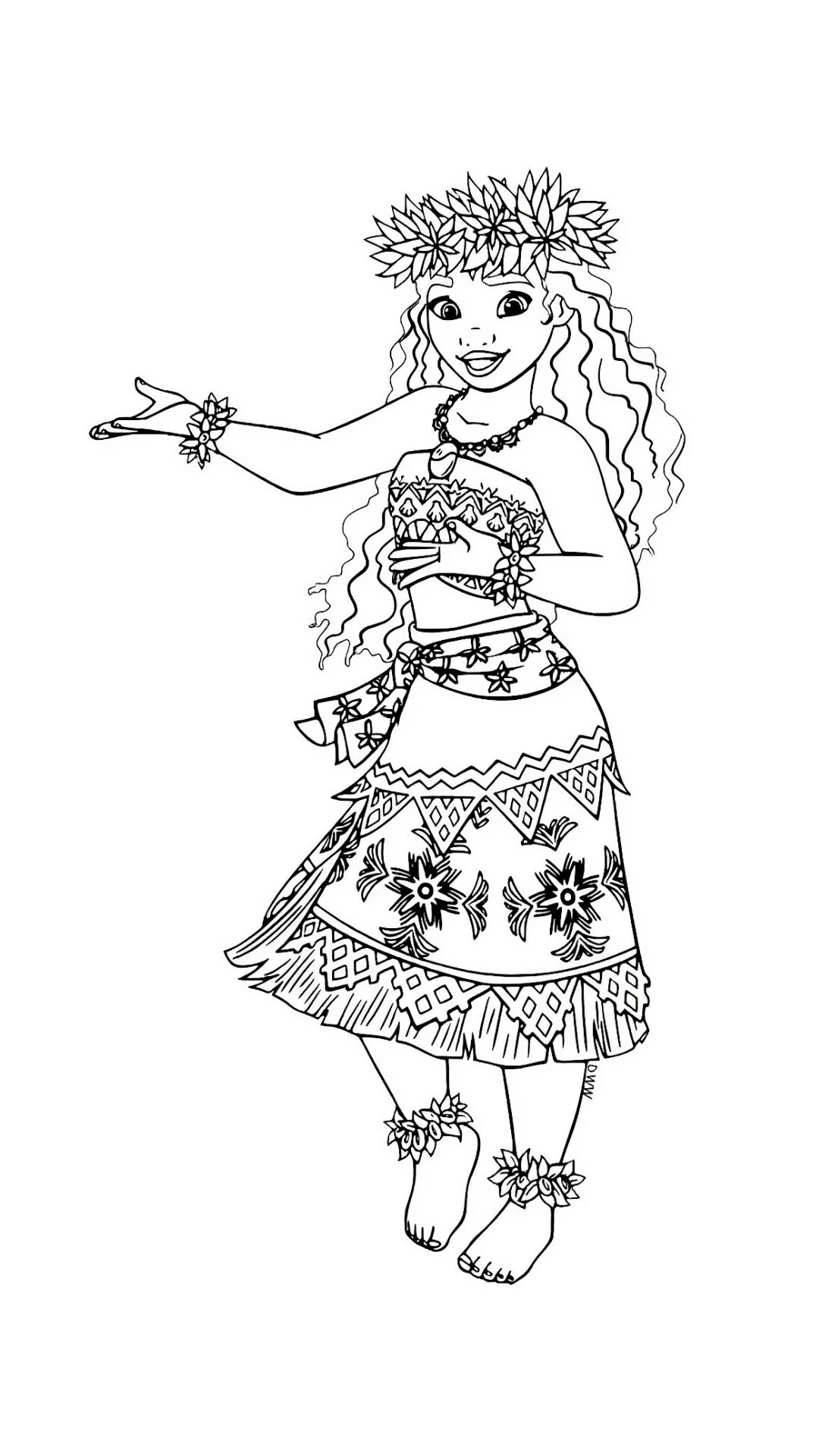 Coloriage Moana avec une couronne de fleurs