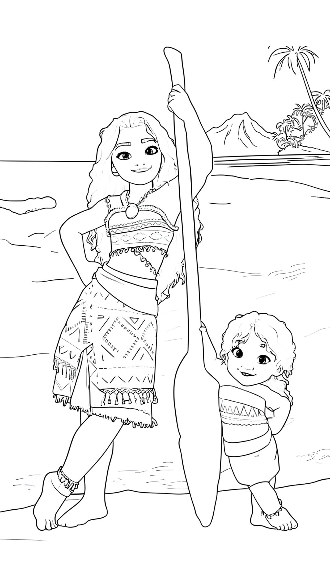 Coloriage Moana avec Moana adulte et Baby Moana