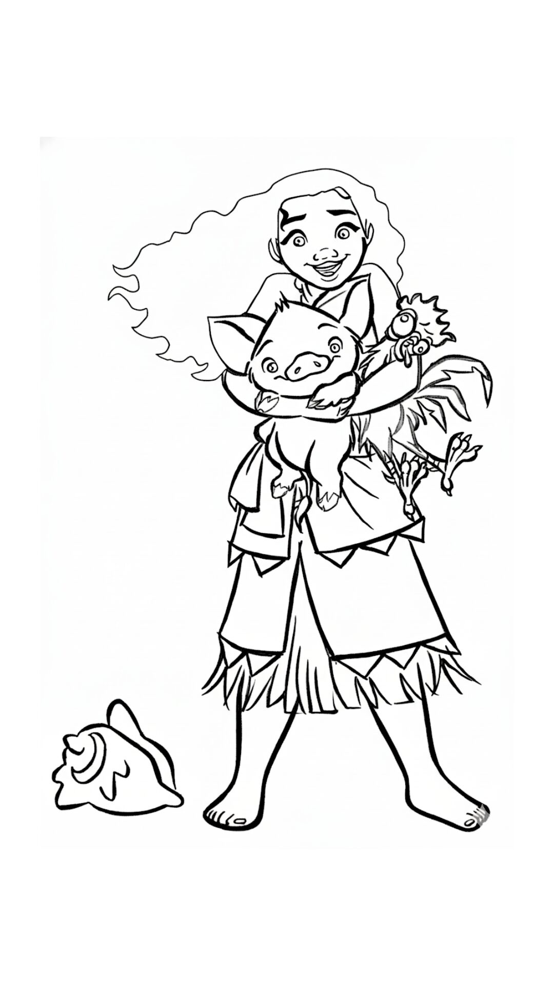 Coloriage Moana où Moana enlace Pua et Heihei